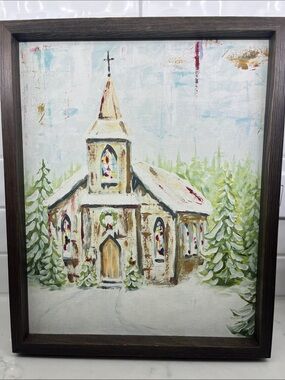 Glory Haus Framed Church Winter Landscape Painting in Soft Greens and Creams